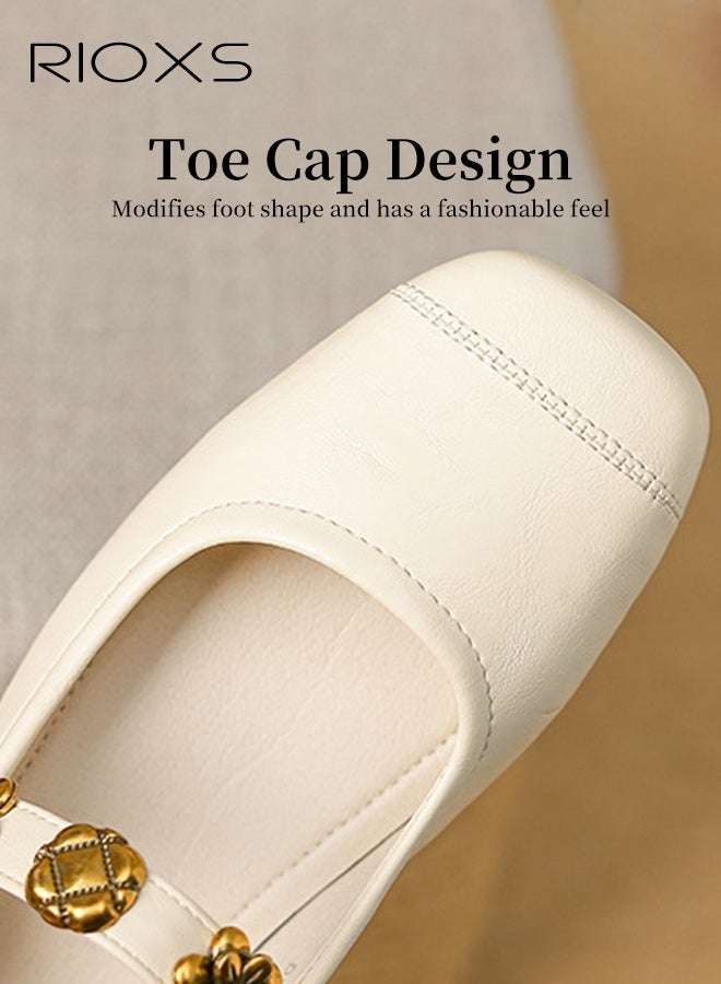 RIOXS Women's Mary Jane Shoes, Internal Increase Shoes, Retro Style Shoes For Women, Square Toe Dressy Shoes, Ladies Ballet Shoes, Hidden Heel Mary Jane Shoes, Comfortable Shoes For Work/ Party/ Daily Leisure- Beige Mary Jane Shoes - Image 5