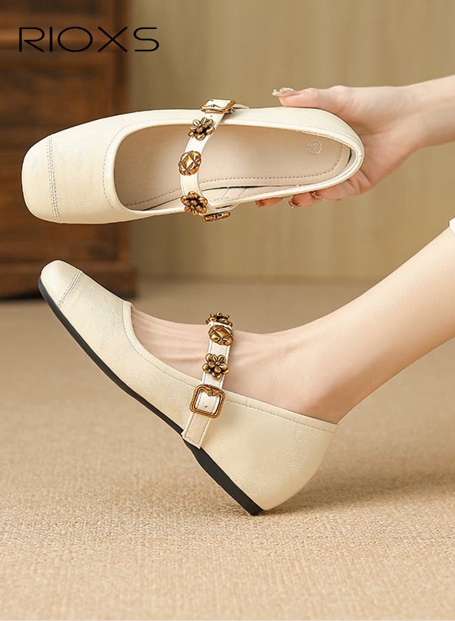 RIOXS Women's Mary Jane Shoes, Internal Increase Shoes, Retro Style Shoes For Women, Square Toe Dressy Shoes, Ladies Ballet Shoes, Hidden Heel Mary Jane Shoes, Comfortable Shoes For Work/ Party/ Daily Leisure- Beige Mary Jane Shoes - Image 3