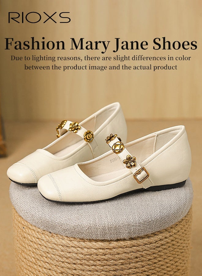 RIOXS Women's Mary Jane Shoes, Internal Increase Shoes, Retro Style Shoes For Women, Square Toe Dressy Shoes, Ladies Ballet Shoes, Hidden Heel Mary Jane Shoes, Comfortable Shoes For Work/ Party/ Daily Leisure- Beige Mary Jane Shoes - Image 4