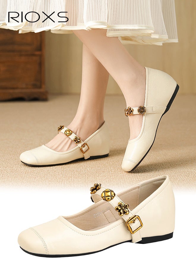 RIOXS Women's Mary Jane Shoes, Internal Increase Shoes, Retro Style Shoes For Women, Square Toe Dressy Shoes, Ladies Ballet Shoes, Hidden Heel Mary Jane Shoes, Comfortable Shoes For Work/ Party/ Daily Leisure- Beige Mary Jane Shoes - Image 1