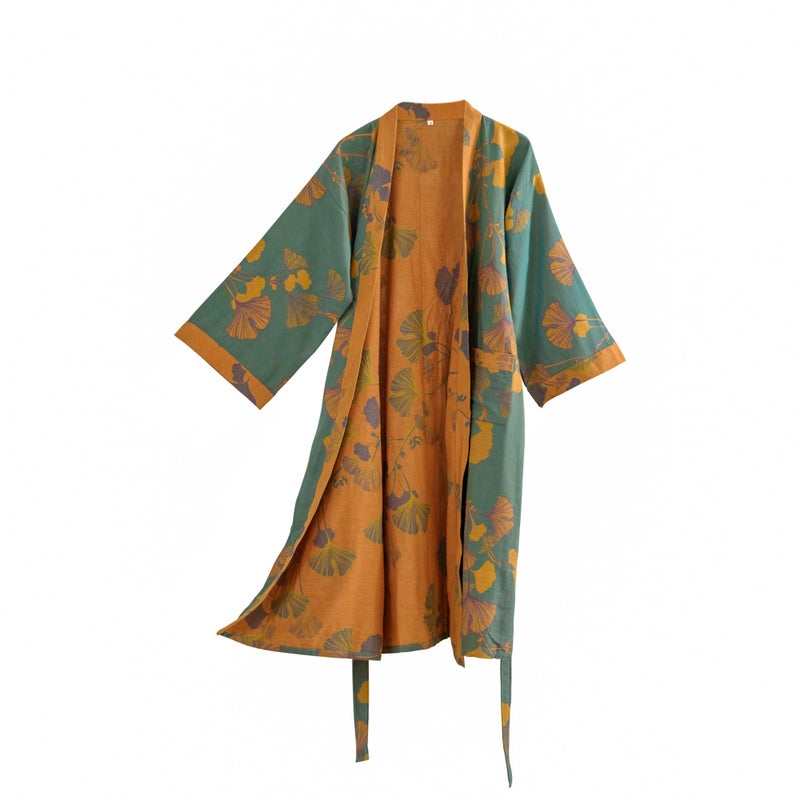 Purefair 100% Cotton Gauze Ginkgo Leaf Kimono Robe, Long Knit Loose Bathrobe Nightgown Ladies Loungewear Sleepwear for Women - Image 1