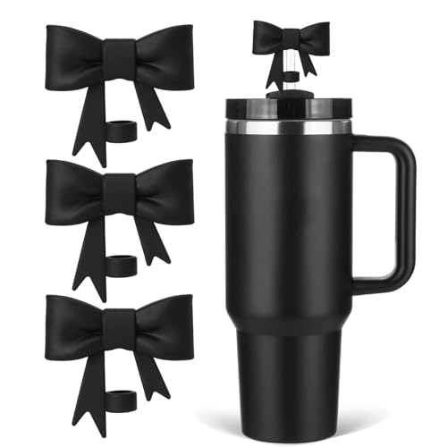 HIUSITY Bow Straw Cover Topper for Stanley Cup,Silicone Black Straws Toppers for Tumbler with Handle 40oz,Cute 10mm/0.4in Covers Cap,Dust-Proof Reusable Lids for Stanleys Cups Accessories - Image 1