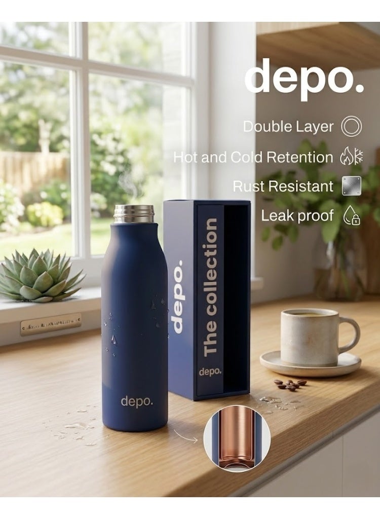 Depo Double-Wall Stainless Steel Vacuum Insulated Water Bottle (500 ml) - Hot & Cold Thermal Flask, Leak-Proof & BPA-Free Portable Water Flask for Travel, Gym, Office & Daily Use - Blue - Image 3