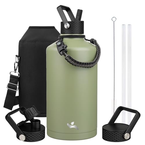 Konokyo Gallon Insulated Water Bottle with Straw128 oz 3 Lids Water Jug with Carrying BagParacord Handle Double Wall Vacuum Stainless Steel Metal FlaskCamp Green - Image 1
