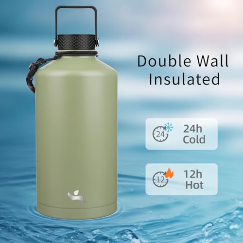Konokyo Gallon Insulated Water Bottle with Straw128 oz 3 Lids Water Jug with Carrying BagParacord Handle Double Wall Vacuum Stainless Steel Metal FlaskCamp Green - Image 3