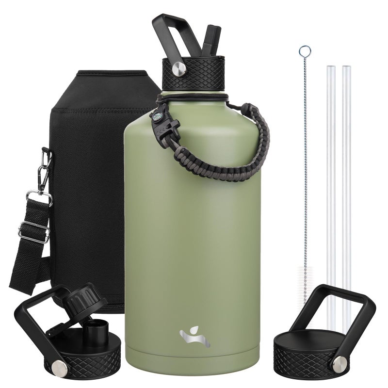 Konokyo Gallon Insulated Water Bottle with Straw128 oz 3 Lids Water Jug with Carrying BagParacord Handle Double Wall Vacuum Stainless Steel Metal FlaskCamp Green - Image 2