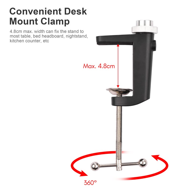 ST-01 Flexible Foldable Desk Mount Stand Metal Bracket 1/4 Inch Screw 3kg Load Capacity with Flexible Ballhead Desk Clamp Phone Holder Remote Shutter for LED Fill Light Webcam Smartphone - Image 2