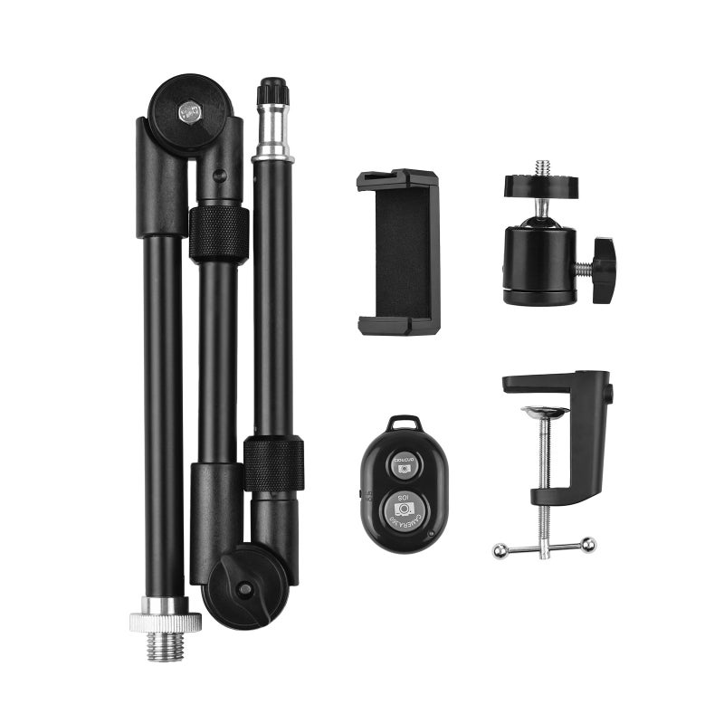 ST-01 Flexible Foldable Desk Mount Stand Metal Bracket 1/4 Inch Screw 3kg Load Capacity with Flexible Ballhead Desk Clamp Phone Holder Remote Shutter for LED Fill Light Webcam Smartphone - Image 3