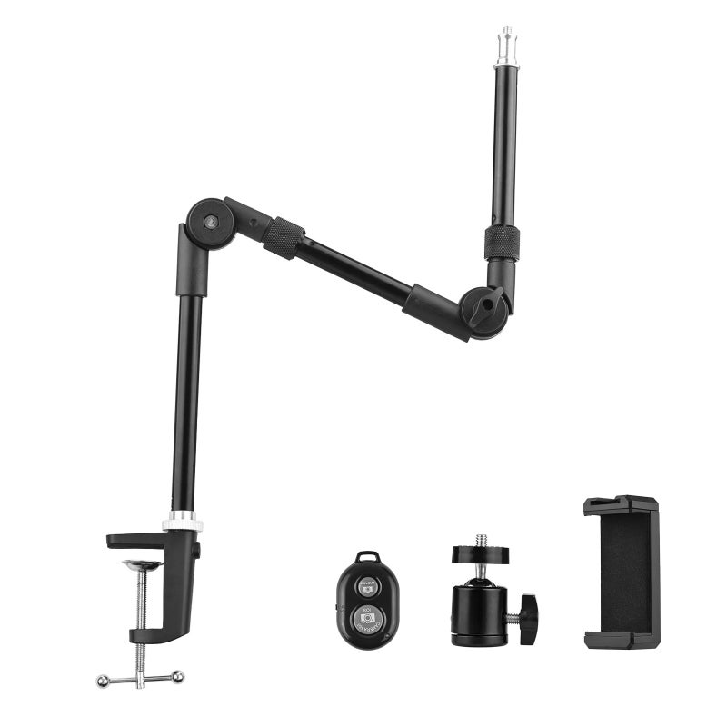 ST-01 Flexible Foldable Desk Mount Stand Metal Bracket 1/4 Inch Screw 3kg Load Capacity with Flexible Ballhead Desk Clamp Phone Holder Remote Shutter for LED Fill Light Webcam Smartphone - Image 1