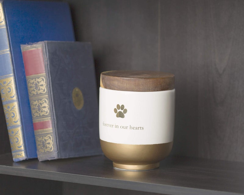 Pearhead Pet Ceramic Forever in Our Hearts Urn, Pet Memorial, Dog Or Cat Keepsake Urn, Rainbow Bridge, Gold - Image 3