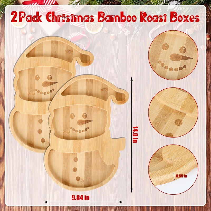 YLOLUL 2 Pcs Christmas Winter Snowman Charcuterie Board Bamboo Wood Cheese Platter Tray Snowman Dinnerware Cookware Large Rectangular Serving Platter - Image 2