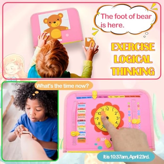 لوحة مشغولة ألعاب مونتيسوري ألعاب حسية ألعاب تعليمية للأطفال من 1 إلى 4 سنوات للأولاد والبنات مع 19 نشاط، غلاف ديناصورات، ممارسة الساعة ولغز - لعبة سفر محمولة (وردي) - Image 4