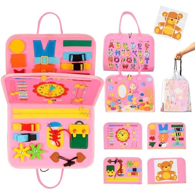 لوحة مشغولة ألعاب مونتيسوري ألعاب حسية ألعاب تعليمية للأطفال من 1 إلى 4 سنوات للأولاد والبنات مع 19 نشاط، غلاف ديناصورات، ممارسة الساعة ولغز - لعبة سفر محمولة (وردي) - Image 2