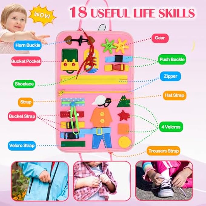 لوحة مشغولة ألعاب مونتيسوري ألعاب حسية ألعاب تعليمية للأطفال من 1 إلى 4 سنوات للأولاد والبنات مع 19 نشاط، غلاف ديناصورات، ممارسة الساعة ولغز - لعبة سفر محمولة (وردي) - Image 3