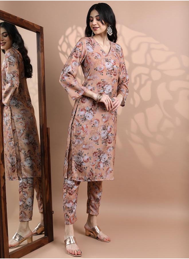 Vishudh - Women Peach Floral Printed Kurta and Trousers Set by Styli - Image 1
