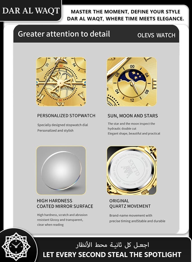 أوليفز ساعة OLEVS للرجال – عرض هيكلي مضيء، حركة كوارتز، سوار فولاذ ذهبي كامل، قرص ذهبي، موديل 2859 - Image 3