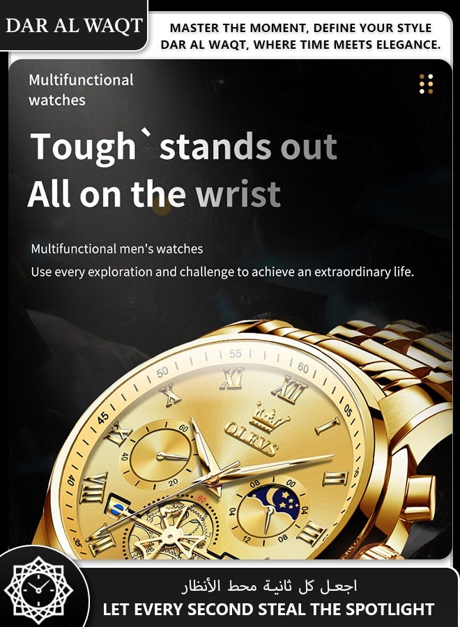 أوليفز ساعة OLEVS للرجال – عرض هيكلي مضيء، حركة كوارتز، سوار فولاذ ذهبي كامل، قرص ذهبي، موديل 2859 - Image 2