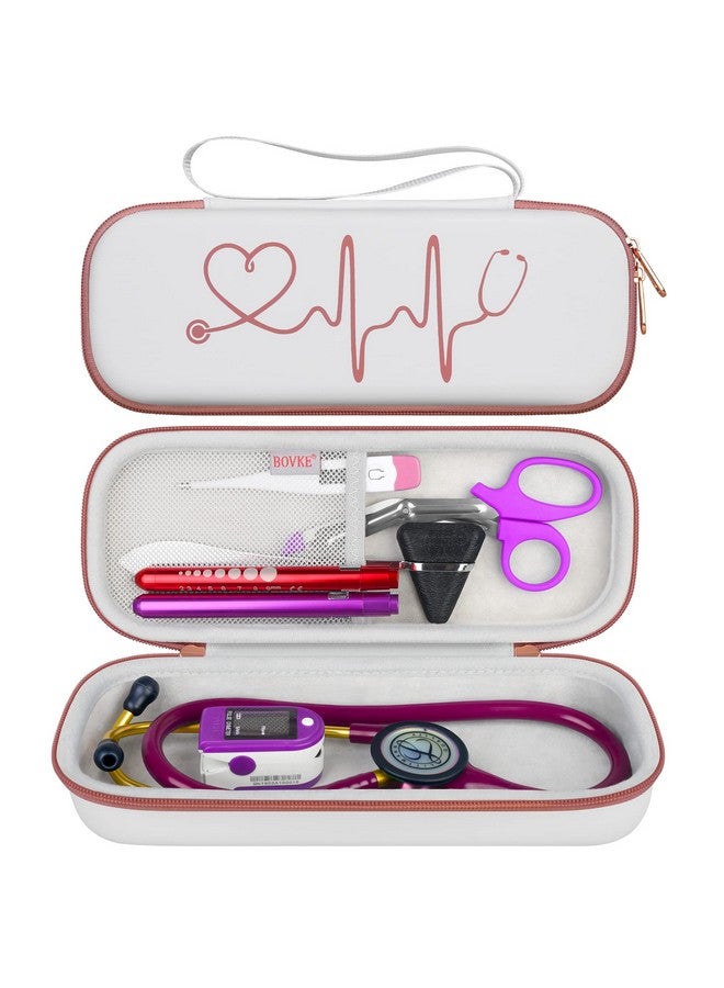 بوفك حقيبة سماعة طبية من BOVKE لسماعات 3M Littmann Classic III وLightweight II SE وCardiology IV وسماعات طبية خفيفة الوزن من MDF Acoustica - جيب إضافي يناسب ملحقات الممرضات للعمل، لون أبيض وردي ذهبي  - Image 1