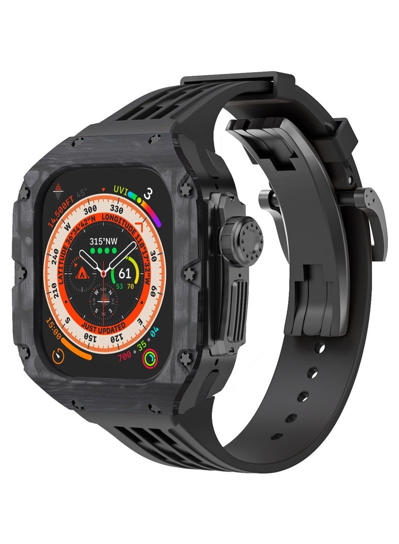AROAQ Carbon Fiber Case For Apple Watch, 49mm Fluororubber Band Metal Bazel For Iwatch, Ultra Titanium Alloy Integrated Protective Case, (Carbon shell-black titanium frame-black tape) - Image 1
