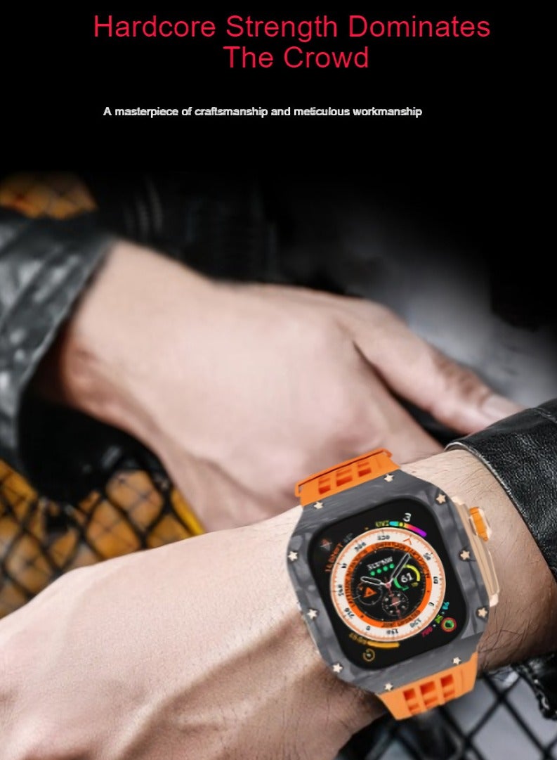 AROAQ Carbon Fiber Case For Apple Watch, 49mm Fluororubber Band Metal Bazel For Iwatch, Ultra Titanium Alloy Integrated Protective Case, (Carbon shell-black titanium frame-black tape) - Image 2