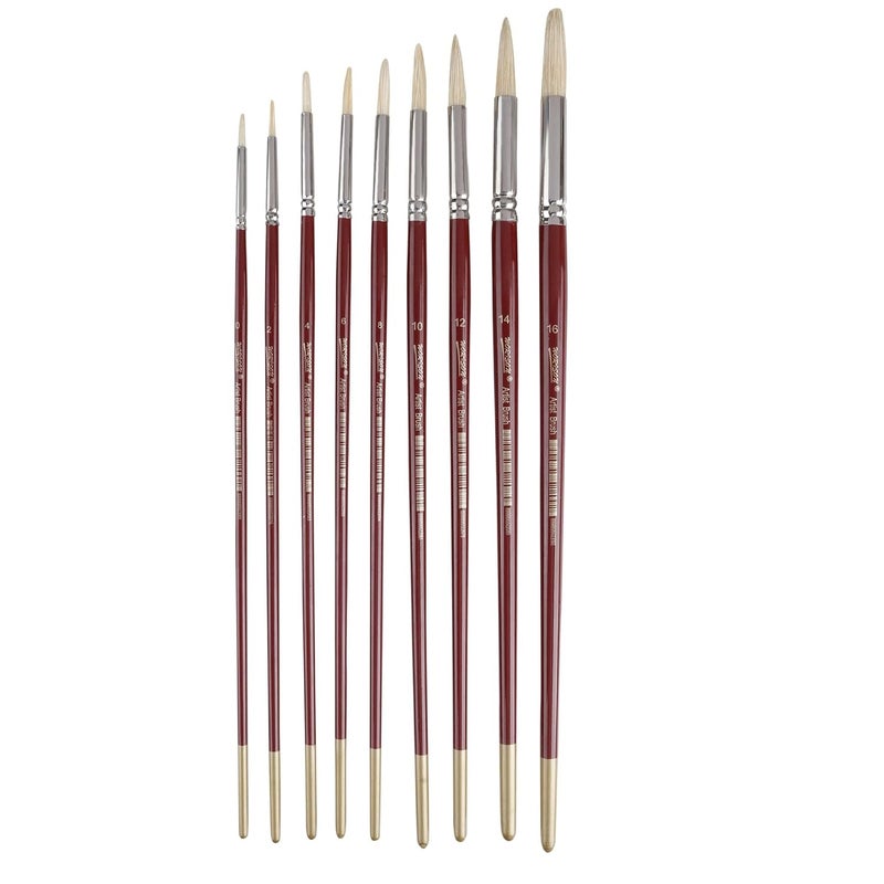 Worison Round Hard White Hair Long Handle Painting Brush Set of 9pc for Oil Painting - Image 1