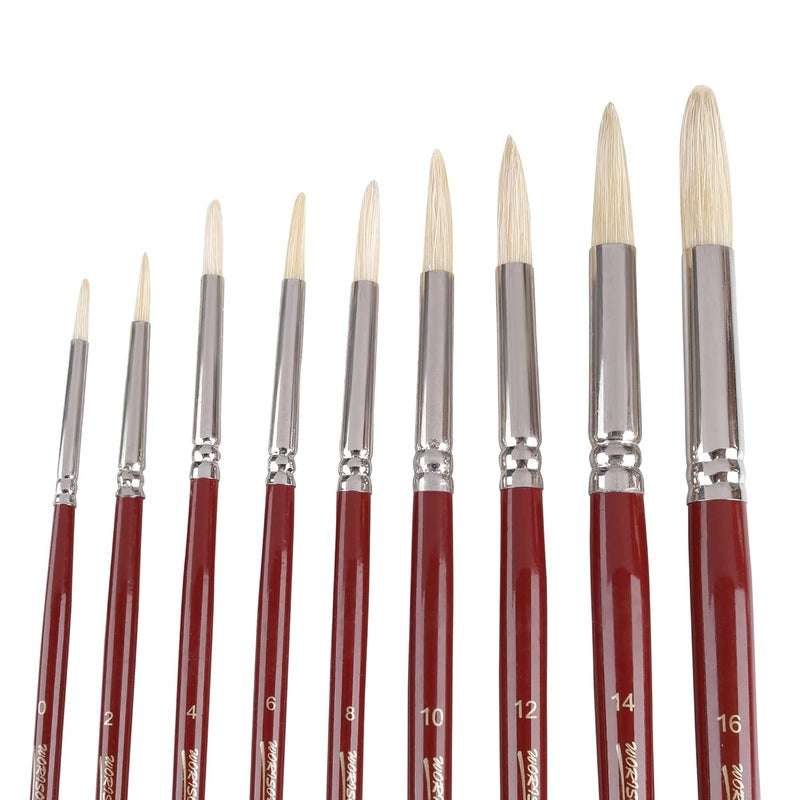 Worison Round Hard White Hair Long Handle Painting Brush Set of 9pc for Oil Painting - Image 3