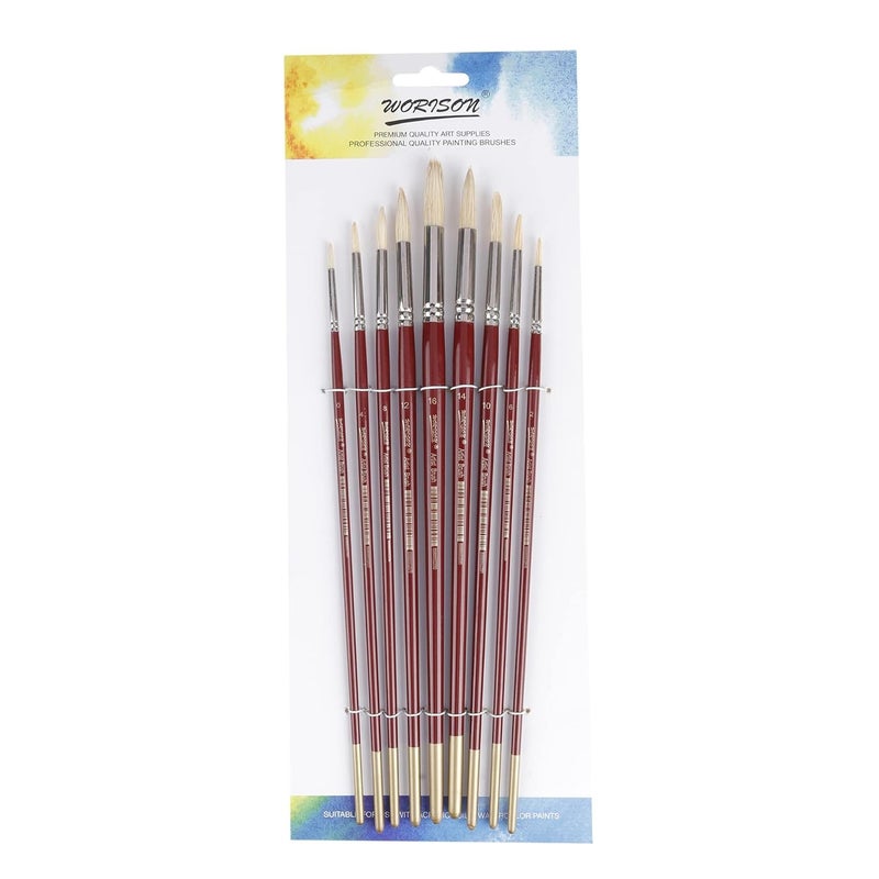 Worison Round Hard White Hair Long Handle Painting Brush Set of 9pc for Oil Painting - Image 4