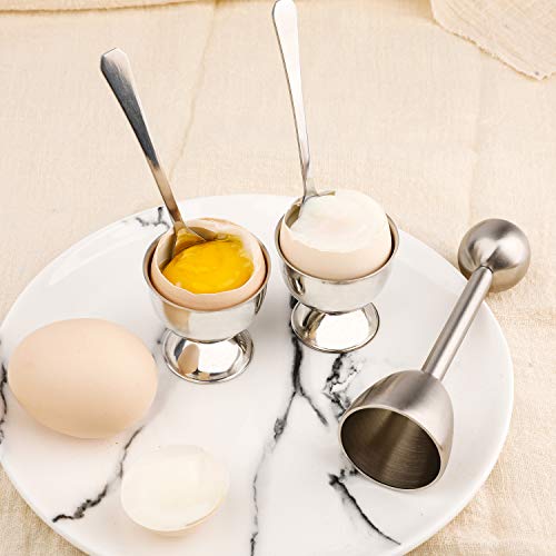 forkmannie Egg Cracker Topper Cutter Set for Soft Boiled Eggs Stainless Steel Shell Remover Separator Include 2 Egg Cups 2 Spoons 1 Topper Cutter - Image 3