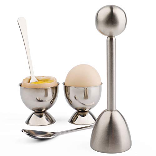 forkmannie Egg Cracker Topper Cutter Set for Soft Boiled Eggs Stainless Steel Shell Remover Separator Include 2 Egg Cups 2 Spoons 1 Topper Cutter - Image 1