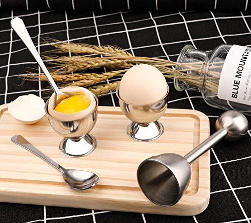 forkmannie Egg Cracker Topper Cutter Set for Soft Boiled Eggs Stainless Steel Shell Remover Separator Include 2 Egg Cups 2 Spoons 1 Topper Cutter - Image 4