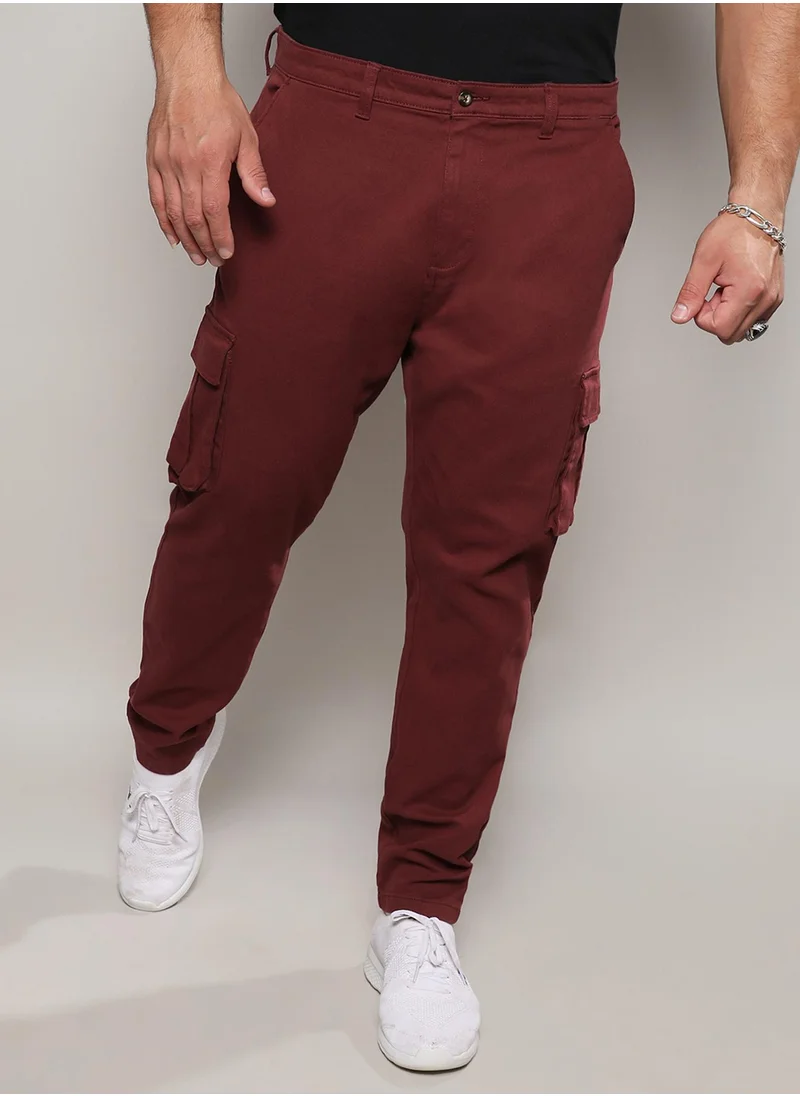 Instafab Plus Instafab Plus Men's Maroon Cargo Trousers For Casual Wear | 6 Pockets | Plus-Size Fit | Button Closure | Cotton Poly Cargo Pant Crafted With Comfort Fit For Everyday Wear
