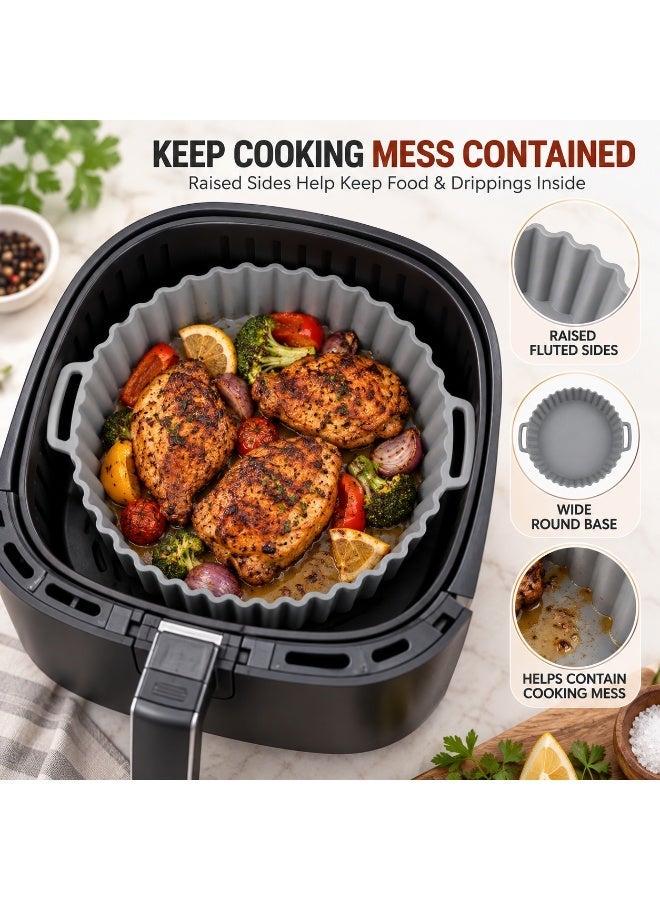 Beram Round Air Fryer Liner Grey, Reusable Silicone Air Fryer Basket Insert with Handles & Raised Fluted Sides, Non-Stick Cooking Liner for Baking, Roasting, Oven, Microwave & Kitchen Use - Image 3
