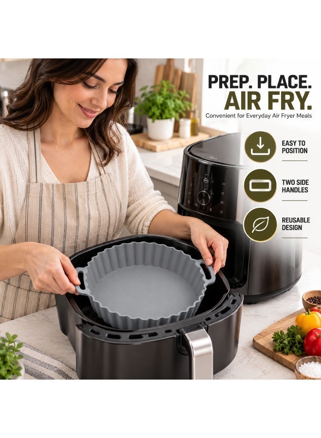 Beram Round Air Fryer Liner Grey, Reusable Silicone Air Fryer Basket Insert with Handles & Raised Fluted Sides, Non-Stick Cooking Liner for Baking, Roasting, Oven, Microwave & Kitchen Use - Image 4