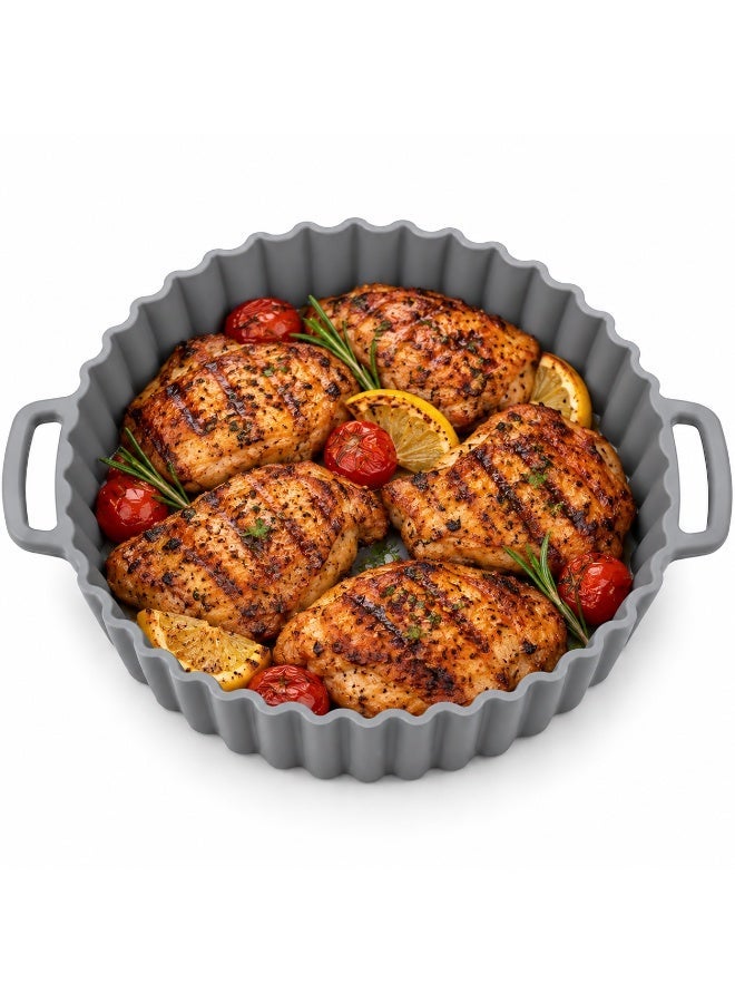 Beram Round Air Fryer Liner Grey, Reusable Silicone Air Fryer Basket Insert with Handles & Raised Fluted Sides, Non-Stick Cooking Liner for Baking, Roasting, Oven, Microwave & Kitchen Use - Image 1