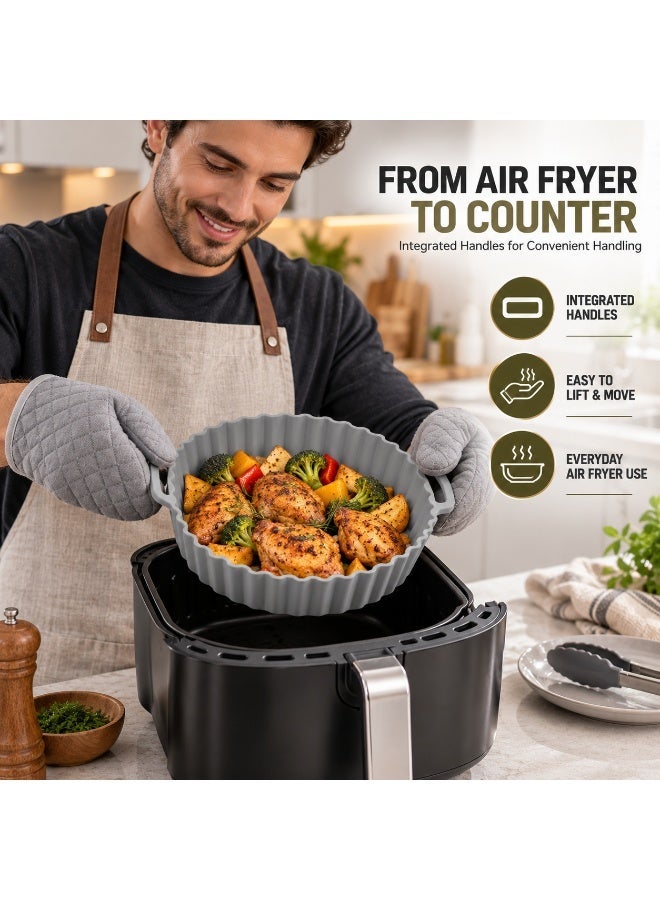 Beram Round Air Fryer Liner Grey, Reusable Silicone Air Fryer Basket Insert with Handles & Raised Fluted Sides, Non-Stick Cooking Liner for Baking, Roasting, Oven, Microwave & Kitchen Use - Image 2