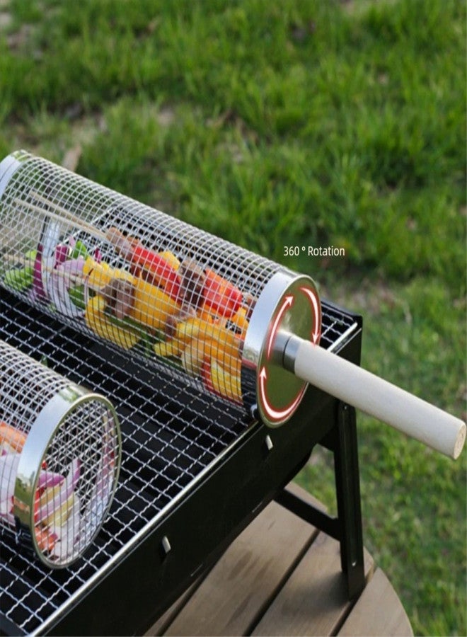 Rolling grill basket set, detachable wooden handle, 304 stainless steel, vegetable and shrimp barbecue accessories, camping barbecue grill, for men's fathers - Image 3