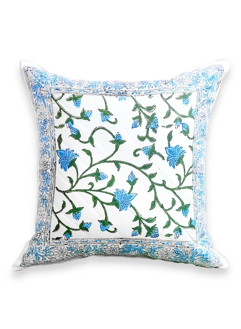 OJARIYA Hand Block Printed  Indigo Jaal Premium Organic Cotton Non-Allergenic Quilted Cushion Cover 40 Cm X 40 Cm - Image 1