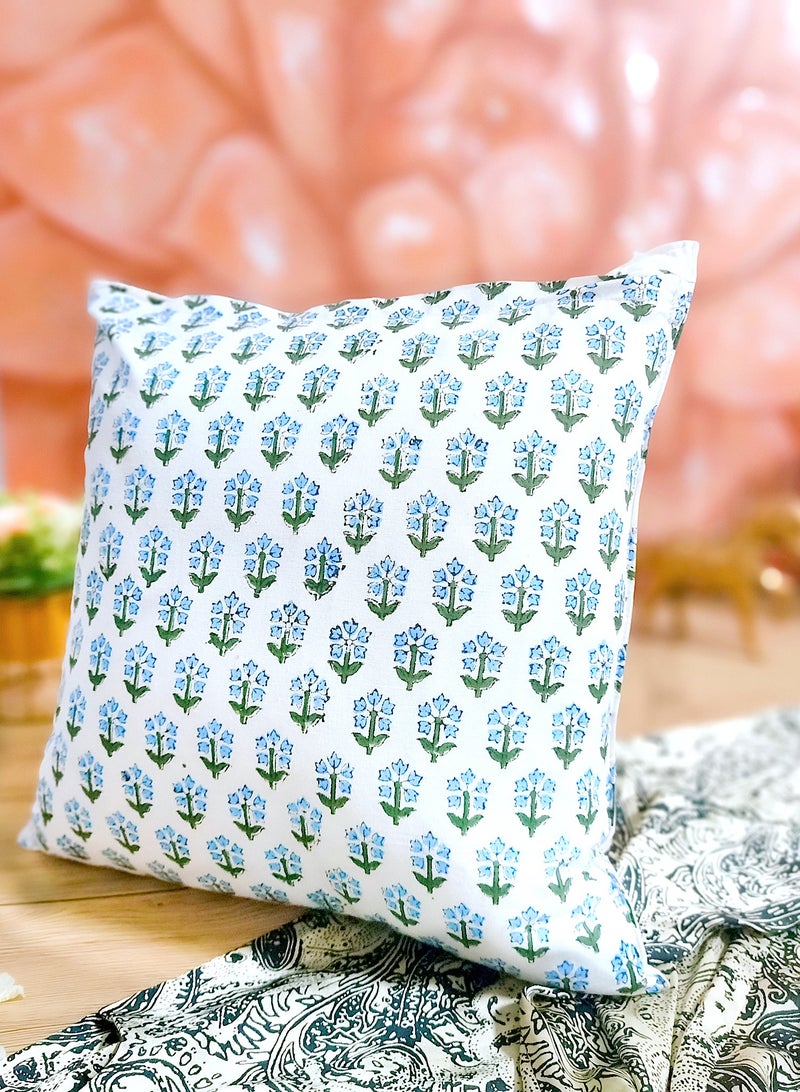 OJARIYA Hand Block Printed  Indigo Jaal Premium Organic Cotton Non-Allergenic Quilted Cushion Cover 40 Cm X 40 Cm - Image 3