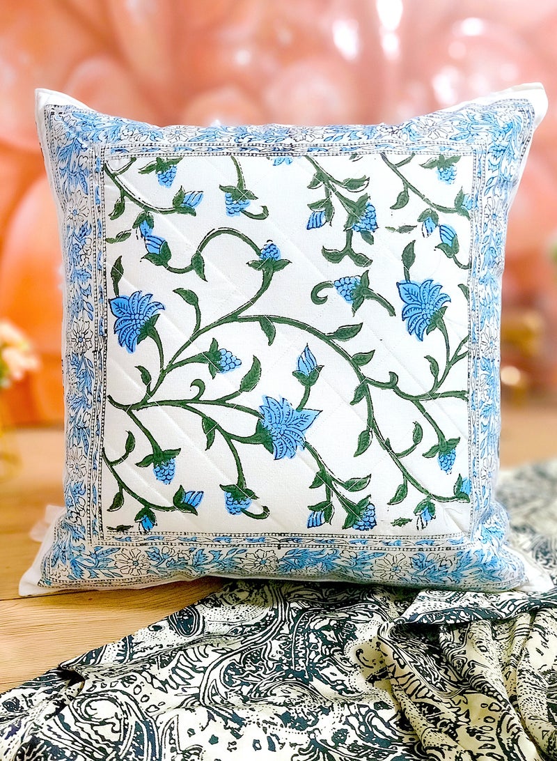OJARIYA Hand Block Printed  Indigo Jaal Premium Organic Cotton Non-Allergenic Quilted Cushion Cover 40 Cm X 40 Cm - Image 2