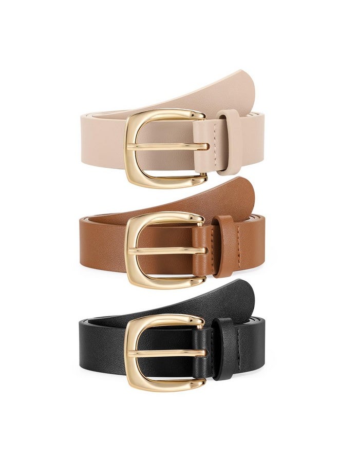 LEACOOLKEY - 3 Pack Women'S Fashion Belts For Jeans Pants Ladies Casual Leather Belts With Gold Buckle Black/Brown/Khaki - Image 1
