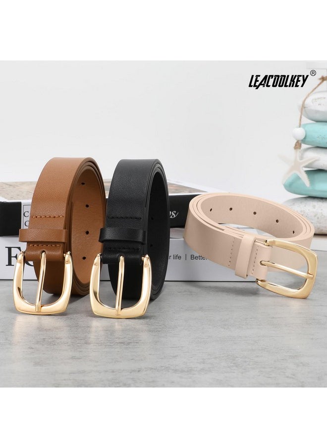 LEACOOLKEY - 3 Pack Women'S Fashion Belts For Jeans Pants Ladies Casual Leather Belts With Gold Buckle Black/Brown/Khaki - Image 1