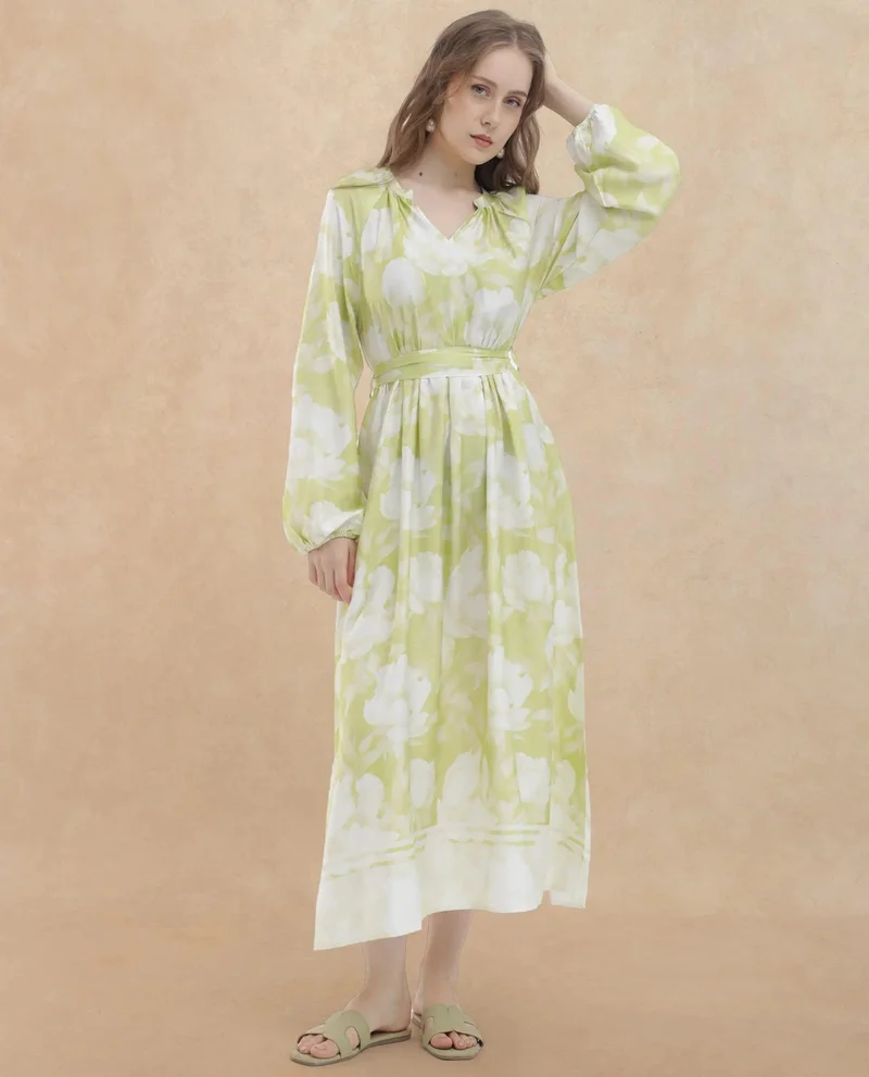 Rareism Women's Abstract Print Maxi Dress With Cord Belt