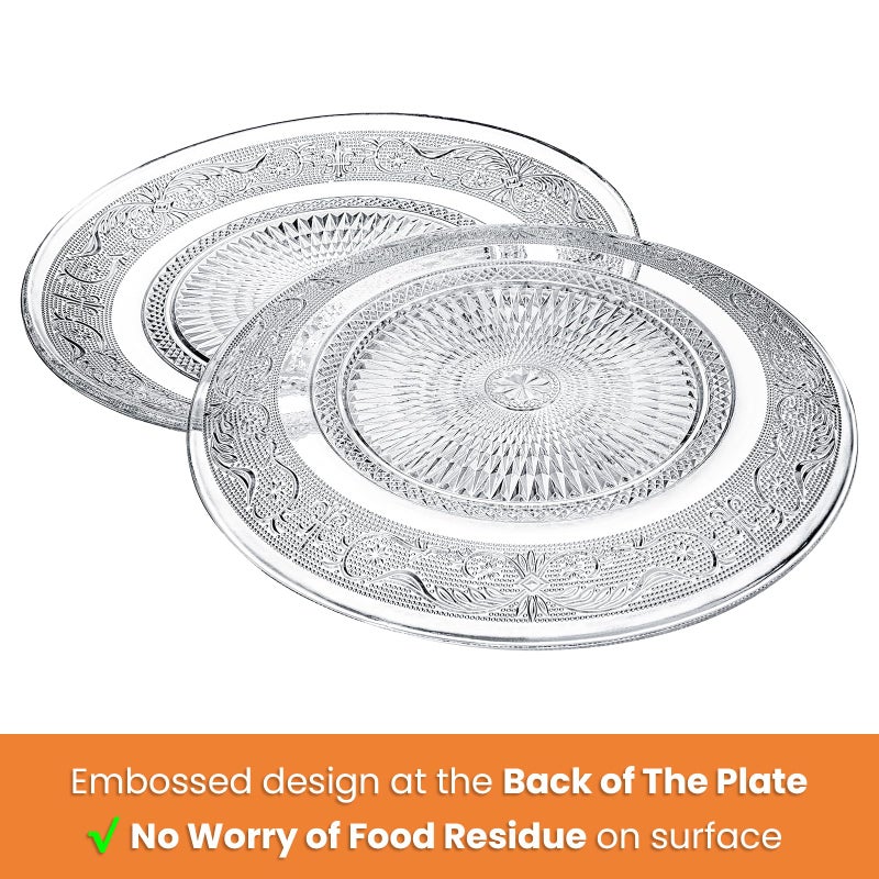Elsjoy 6 Pack 10 Inch Large Glass Dinner Plate, Clear Round Serving Plate Vintage Embossed Dinnerware for Salad, Pasta, Fruits - Image 4