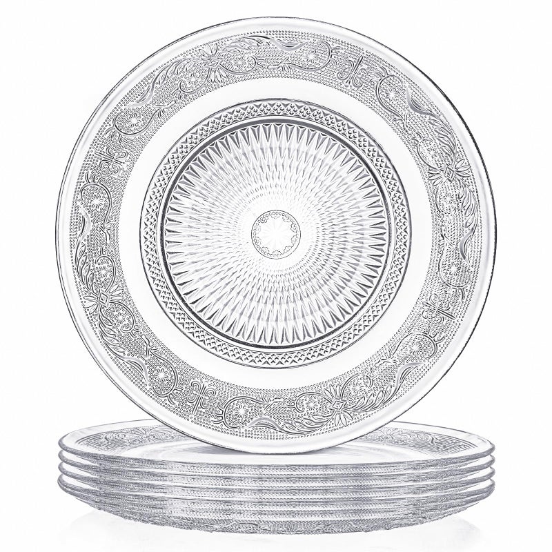 Elsjoy 6 Pack 10 Inch Large Glass Dinner Plate, Clear Round Serving Plate Vintage Embossed Dinnerware for Salad, Pasta, Fruits - Image 1
