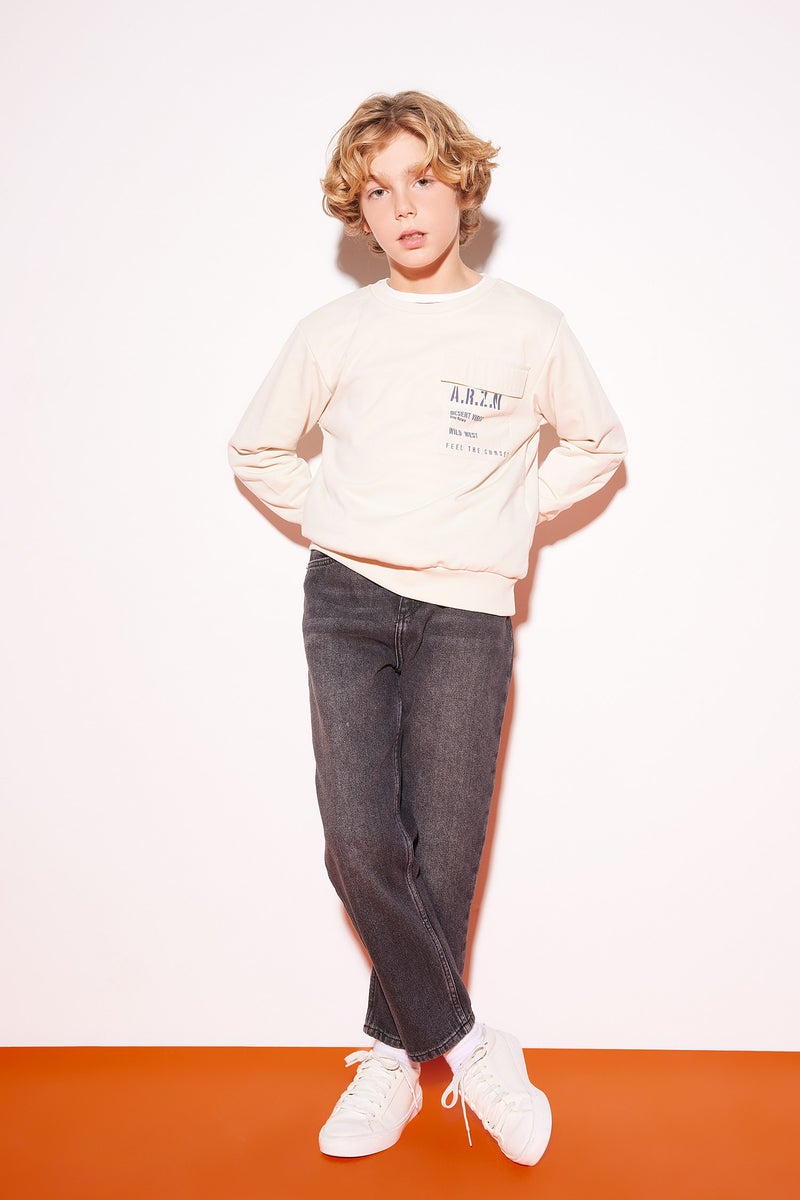 DeFacto Beige Boy Boy Crew Neck Pocket Printed Sweatshirt Casual - Image 2