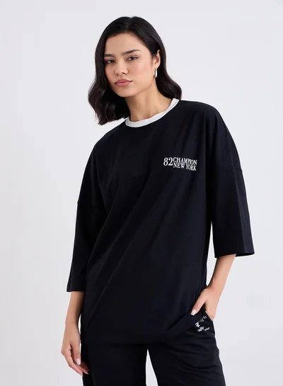 Styli Black Oversized 100% Cotton T-Shirt with Contrast Trim