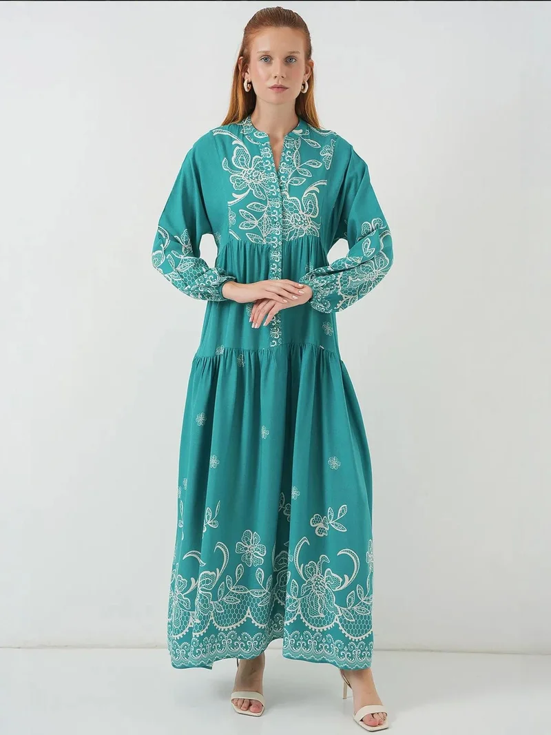 BIG DART BDART Printed V-Neck Maxi Dress with Button Closure