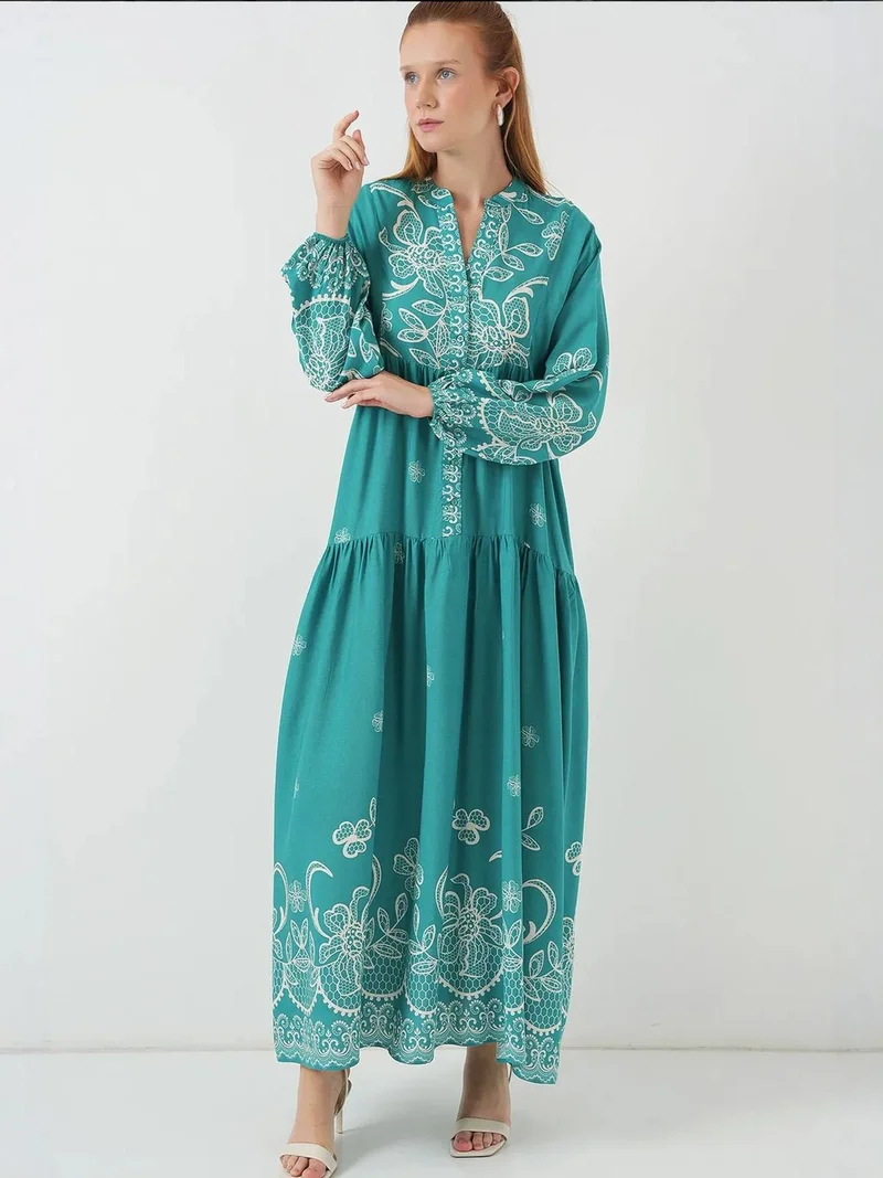 BIG DART BDART Printed V-Neck Maxi Dress with Button Closure