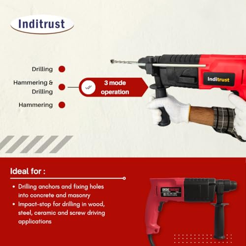 Inditrust 6 Month Warranty 900W 20mm Left/Right Rotation Electric Hammer Machine with 3pc Hammer bit Rotary Hammer Drill (Red) 100% Copper Winding - Image 3