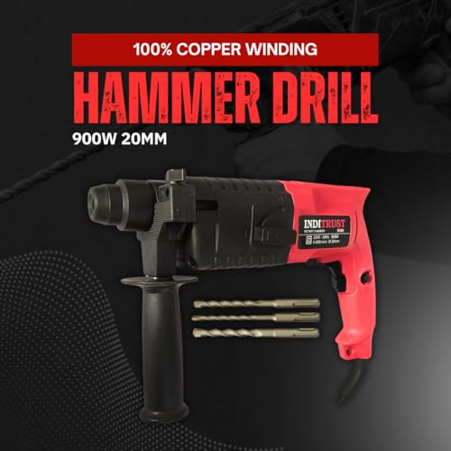 Inditrust 6 Month Warranty 900W 20mm Left/Right Rotation Electric Hammer Machine with 3pc Hammer bit Rotary Hammer Drill (Red) 100% Copper Winding - Image 2